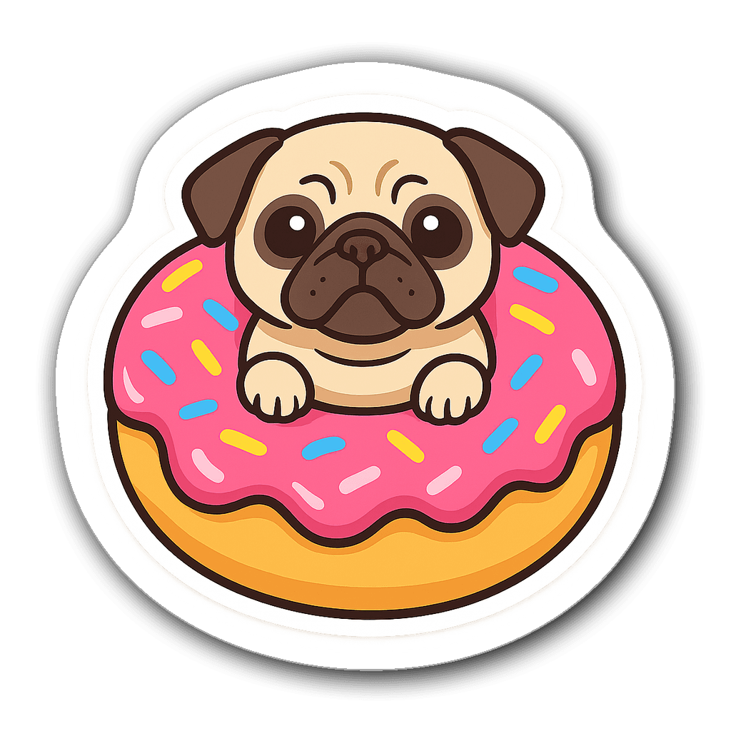 Adorable pug peeking out of a donut with colorful sprinkles