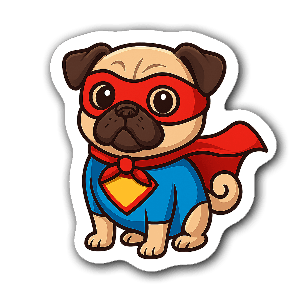 Cartoon-style pug in a superhero costume with bright colors