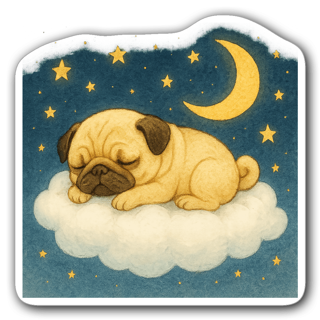 Sleepy pug lying on white cloud with stars and moon