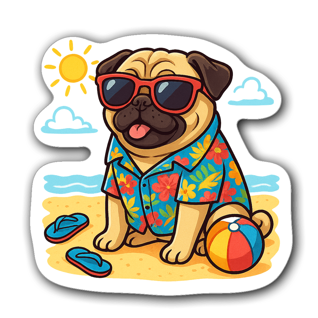 Pug wearing Hawaiian shirt and sunglasses at the beach