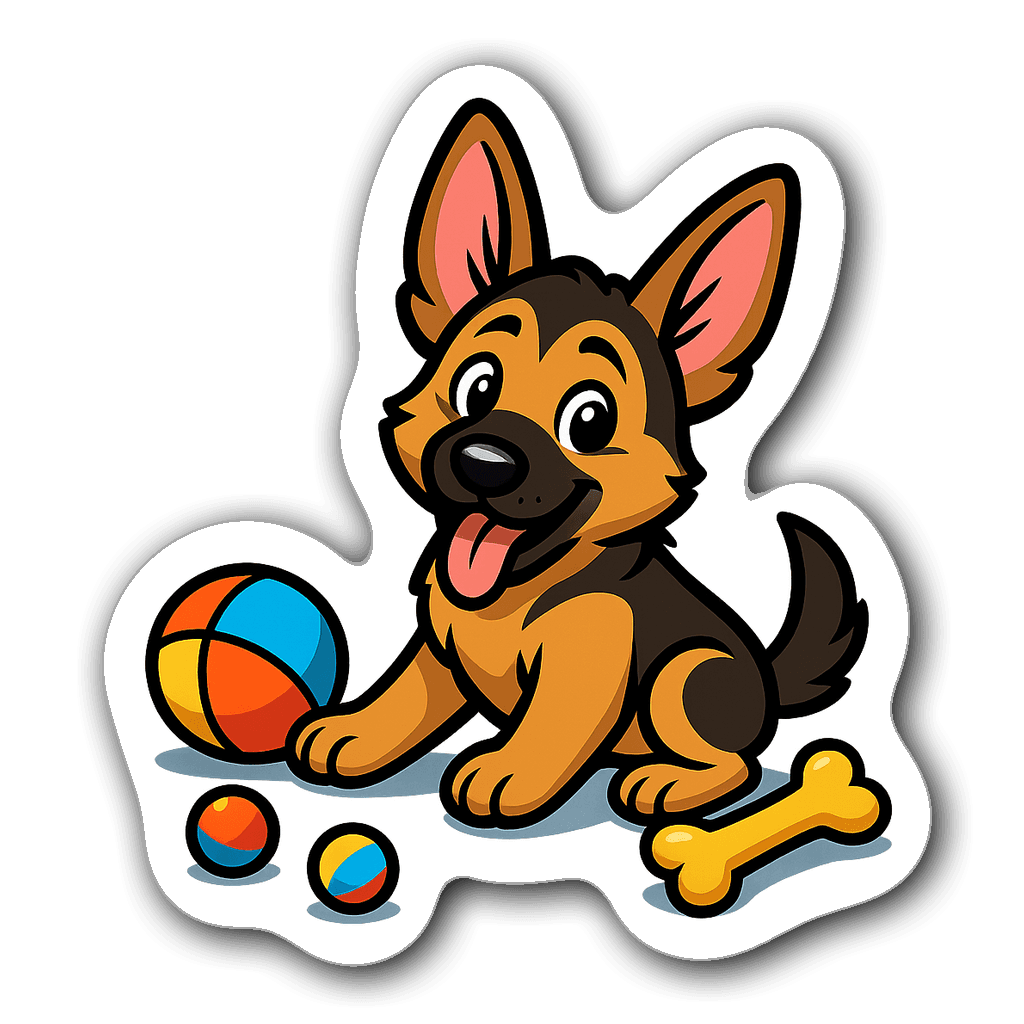 Playful German Shepherd puppy surrounded by colorful toys
