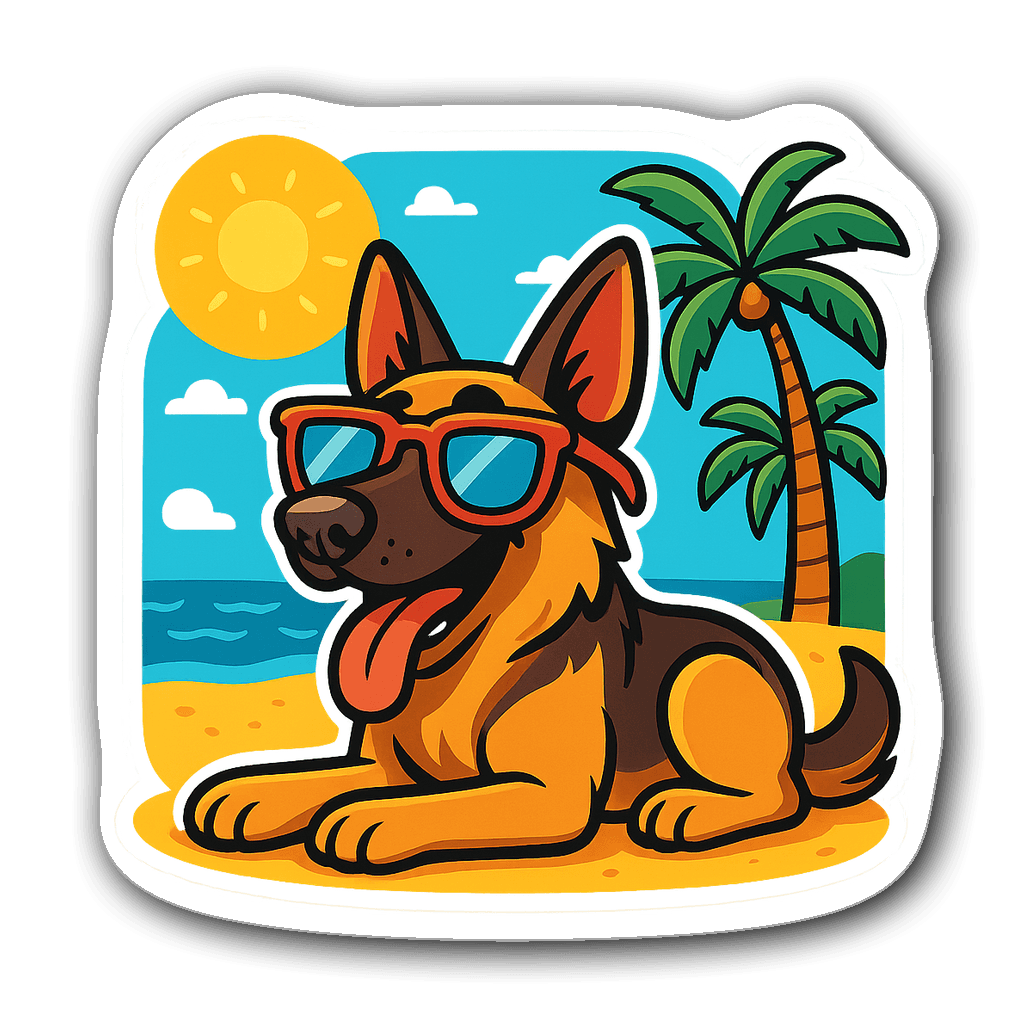Cartoon German Shepherd in sunglasses on a sunny beach