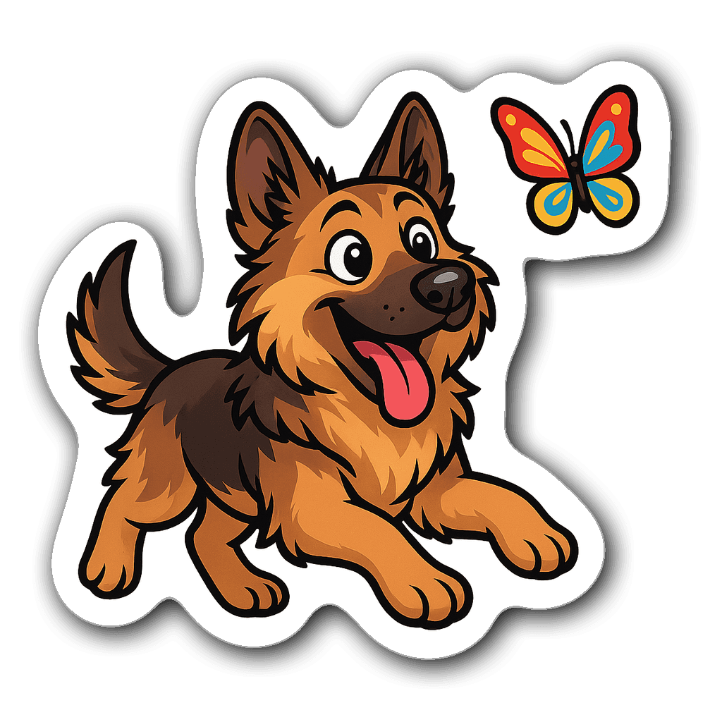 German Shepherd chasing a colorful butterfly sticker
