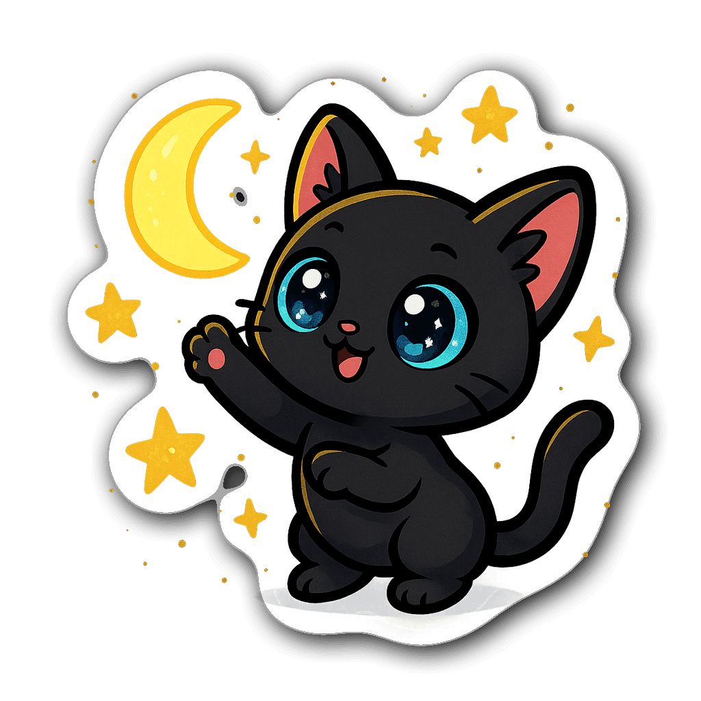 Kawaii black cat sticker batting at a crescent moon