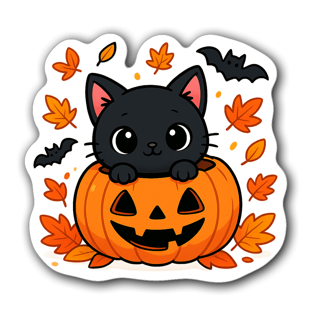 Kawaii chibi black cat in a jack-o'-lantern with autumn leaves