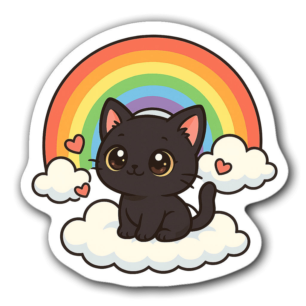 Chibi black cat sitting on cloud with rainbow and hearts