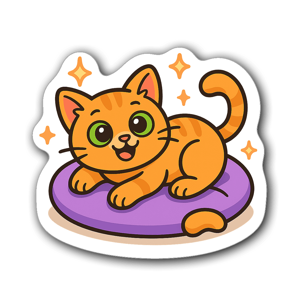 Cartoon-style orange cat lounging on a purple pillow