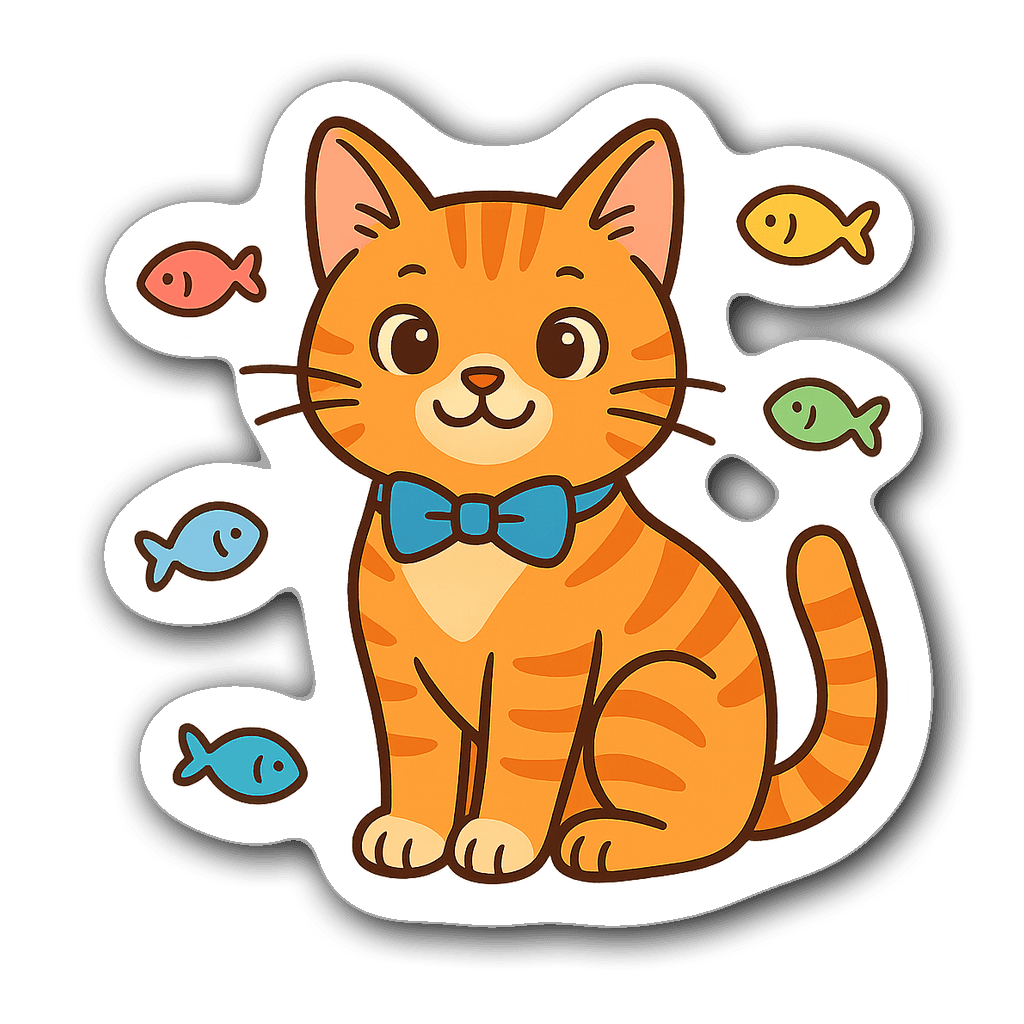 Sticker of an adorable orange tabby cat with blue bow tie