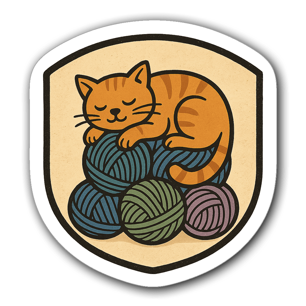 Orange cat snoozing on a stack of colorful yarn balls badge sticker