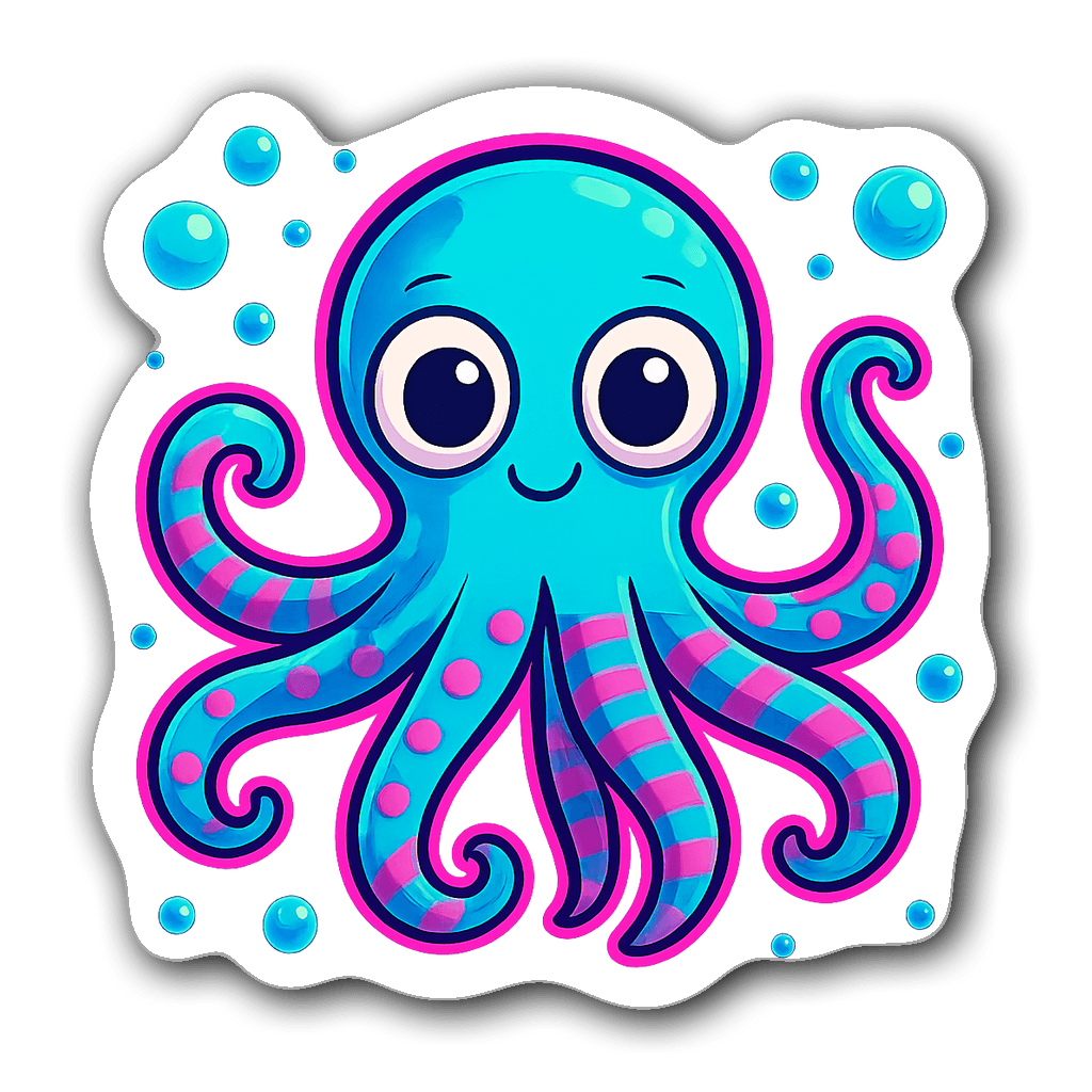 Whimsical octopus sticker with vibrant colors and neon glow