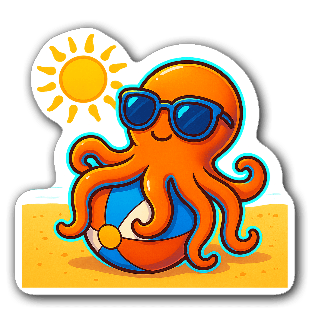 Cute cartoon octopus with sunglasses on a beach ball
