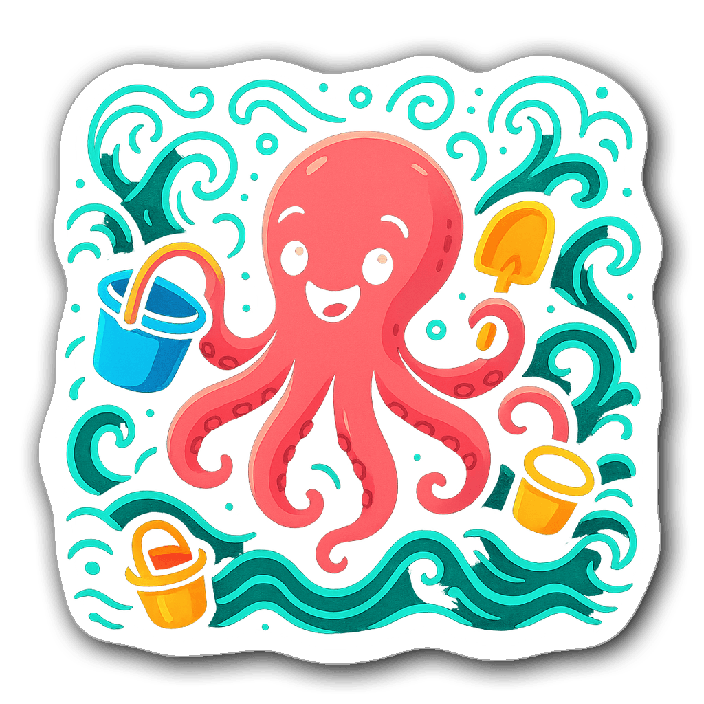Colorful octopus with beach toys in neon outline style