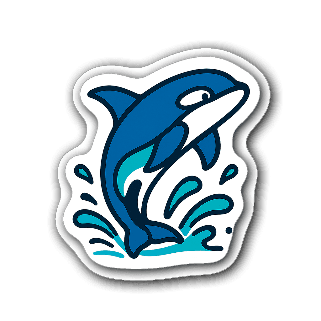 Minimalist line art of a breaching orca whale in blue
