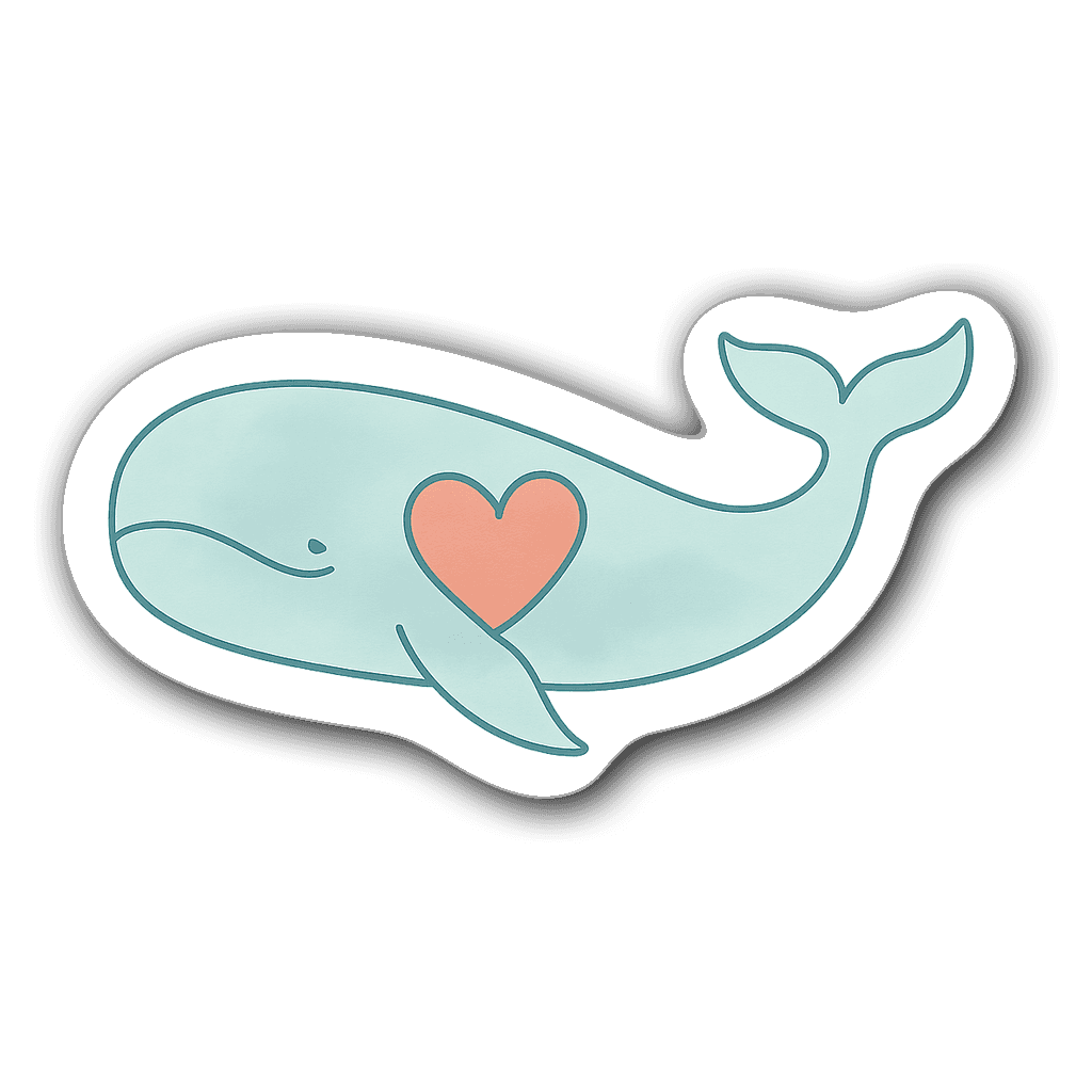Minimalist line art whale sticker with turquoise and coral colors