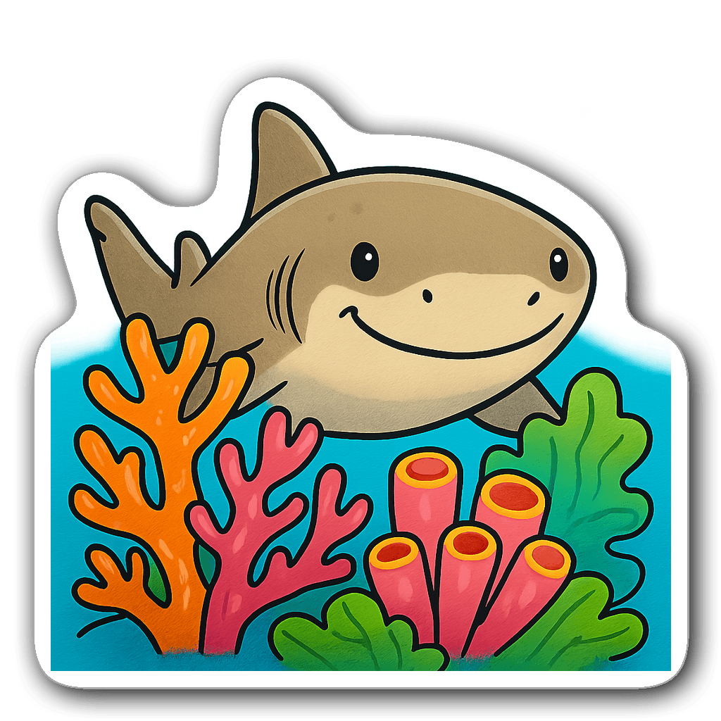 Friendly nurse shark peeking from vibrant coral reef sticker