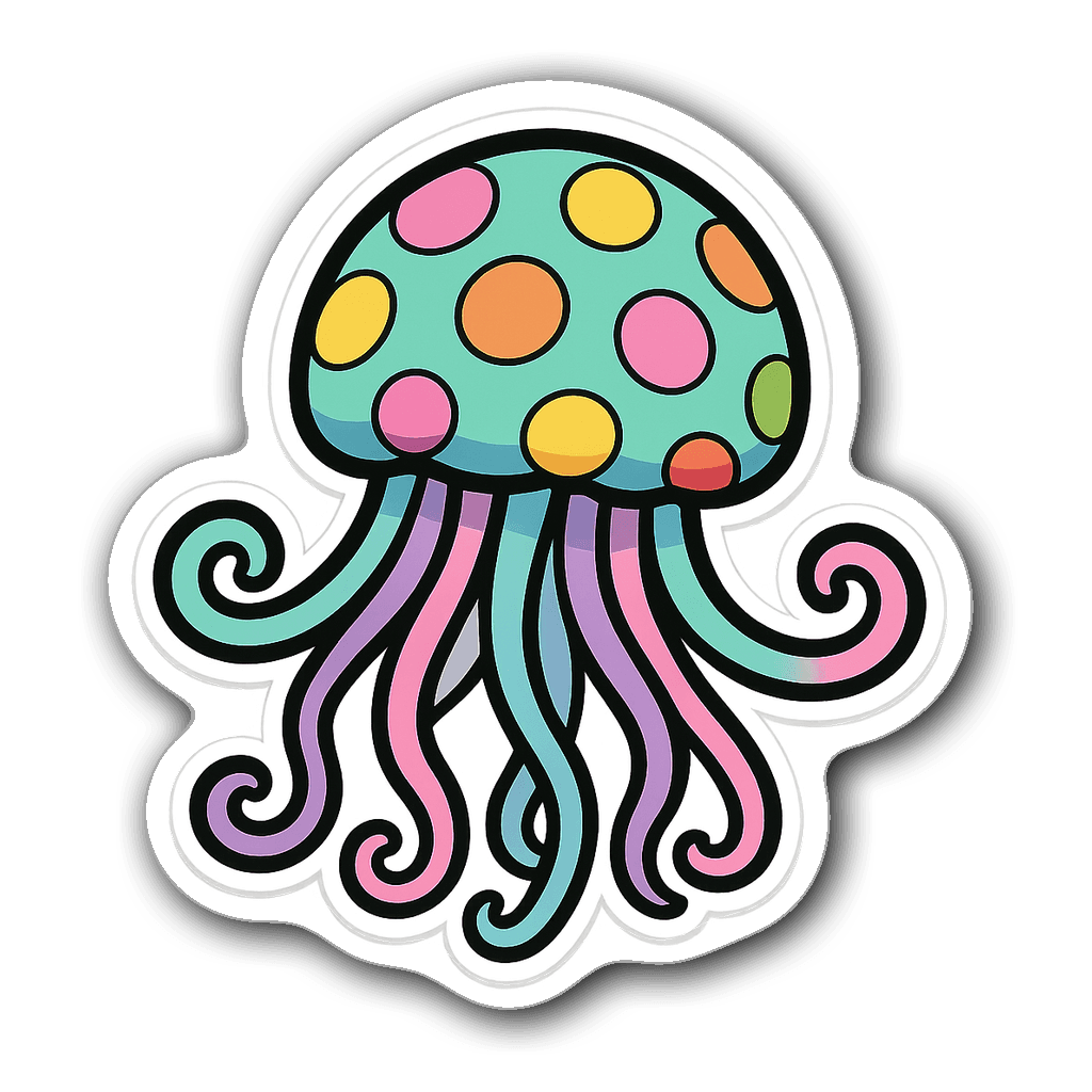 Whimsical jellyfish sticker with colorful polka dots