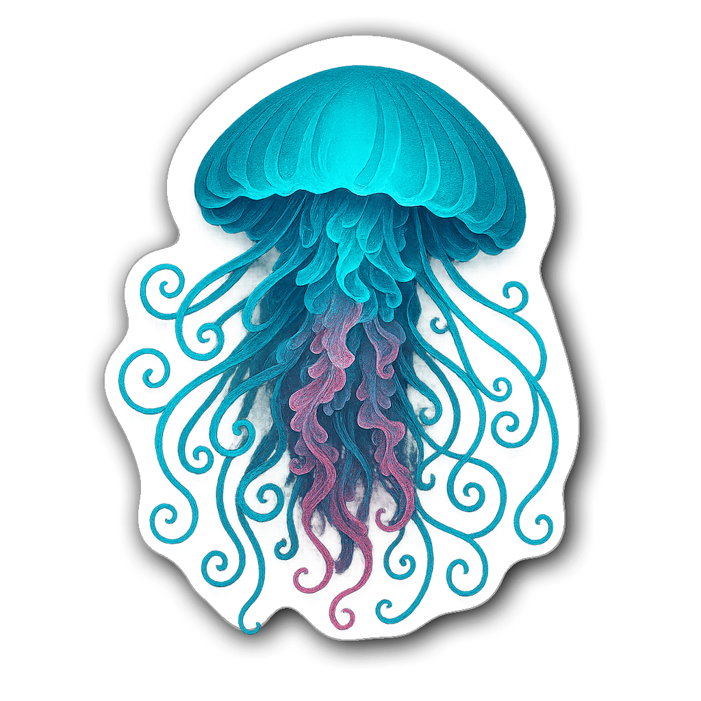 Intricately detailed bioluminescent jellyfish sticker in turquoise and pink