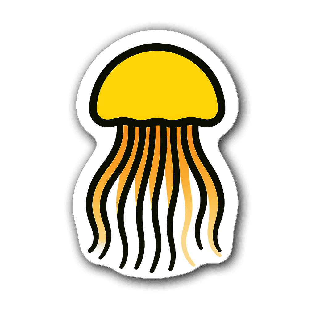 Minimalistic jellyfish sticker with a bright yellow bell and clear tentacles