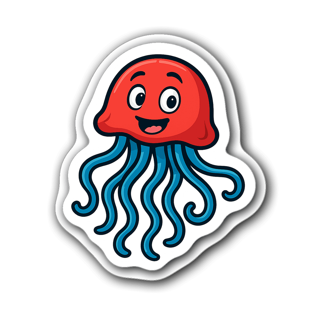 Cartoon jellyfish sticker with red bell and blue tentacles