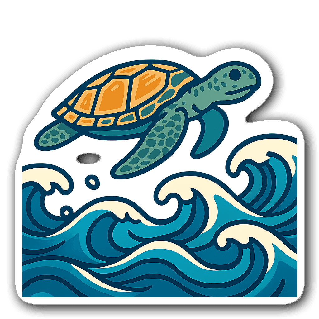 Vinyl sticker of a serene sea turtle gliding over ocean waves