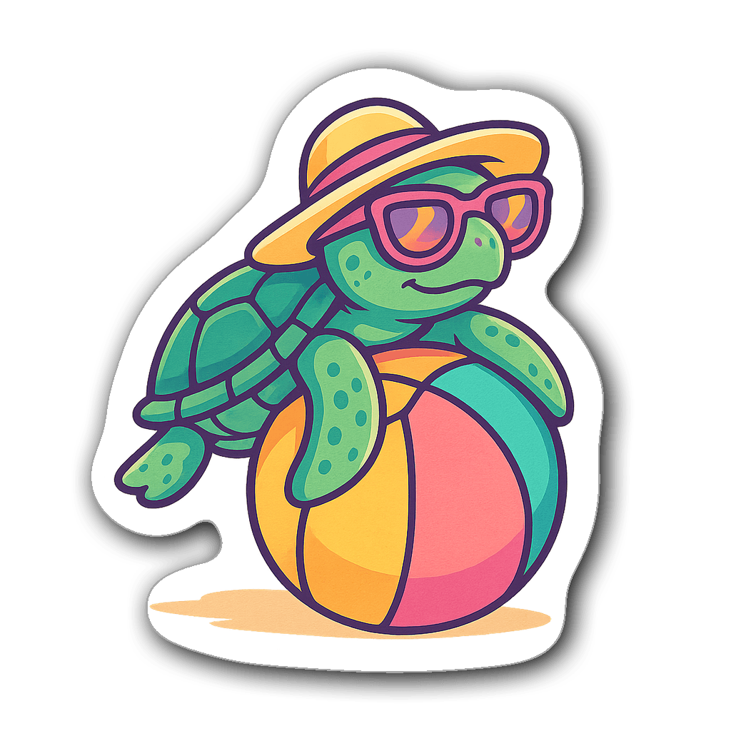 Sea turtle sticker with sunglasses and beach hat on a ball