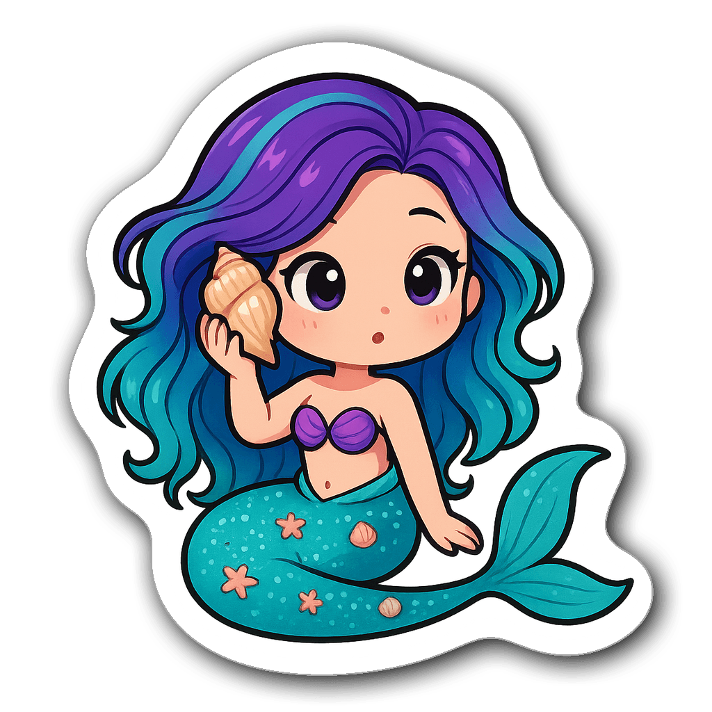 Kawaii chibi mermaid holding a seashell with vibrant hair