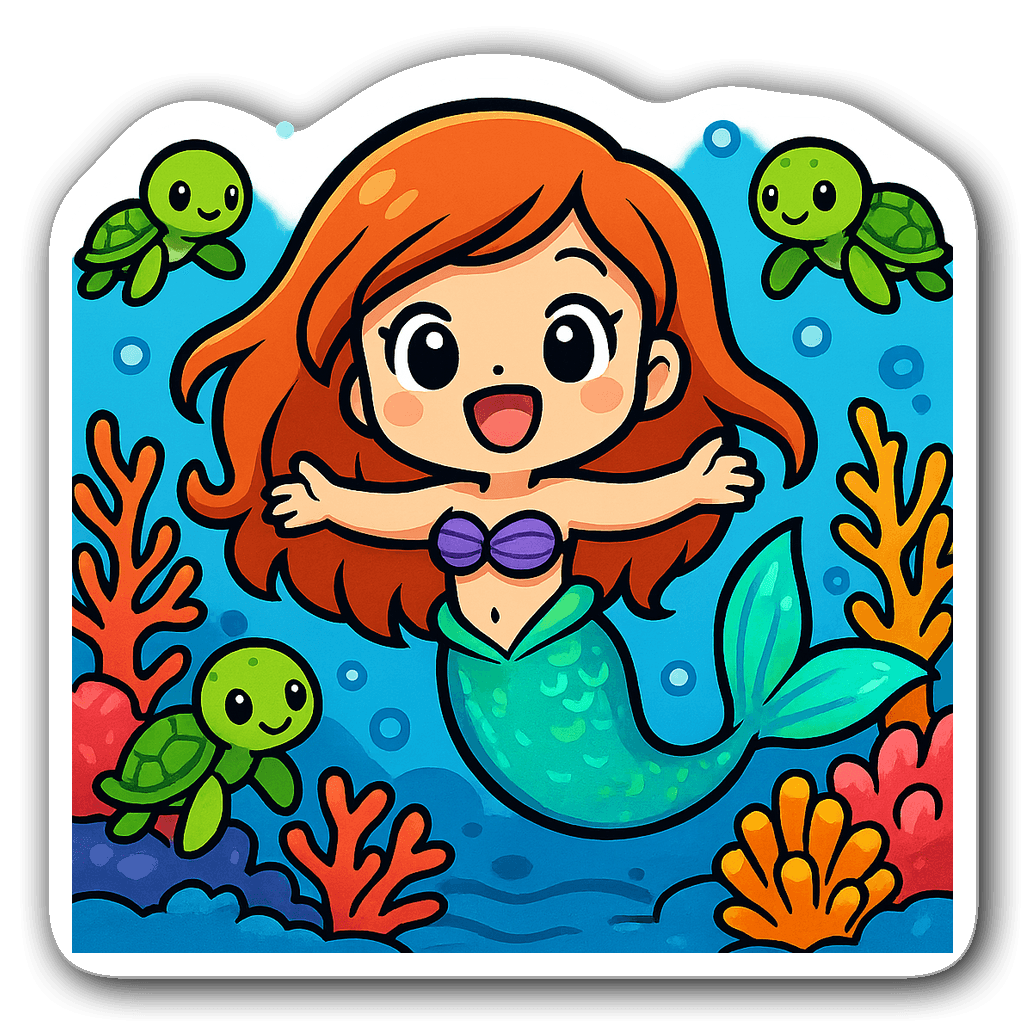 Kawaii chibi mermaid swimming in a coral reef with turtles