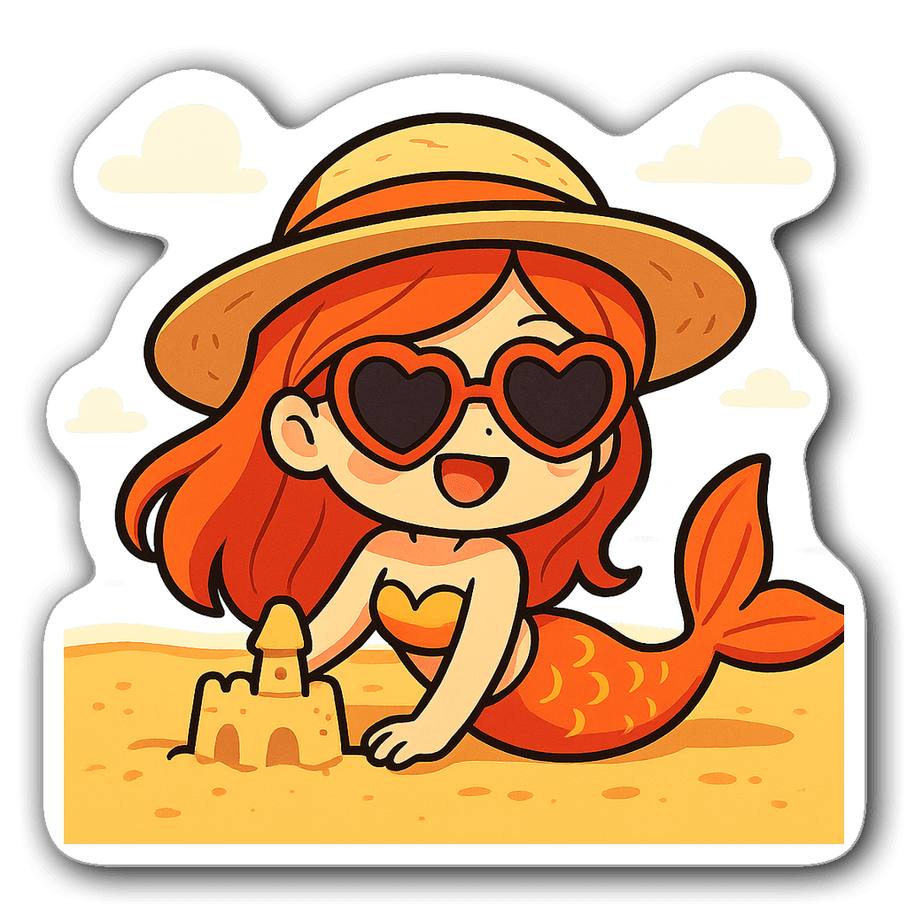 Kawaii chibi mermaid sticker lounging on the beach with sunglasses