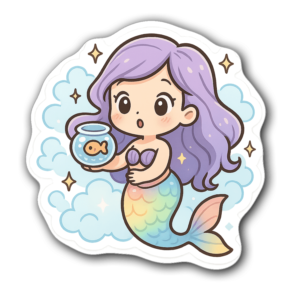 Kawaii chibi mermaid sitting on a rock with playful fish