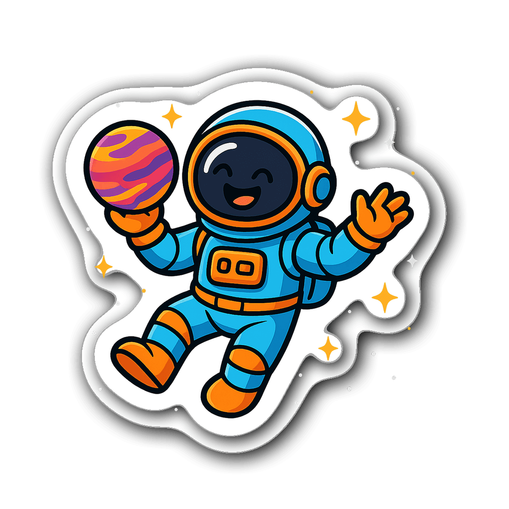 A cheerful cartoon astronaut floating in space holding a planet