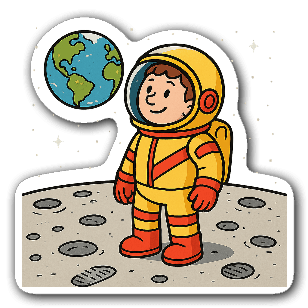 Whimsical astronaut on the moon gazing at Earth with colorful suit