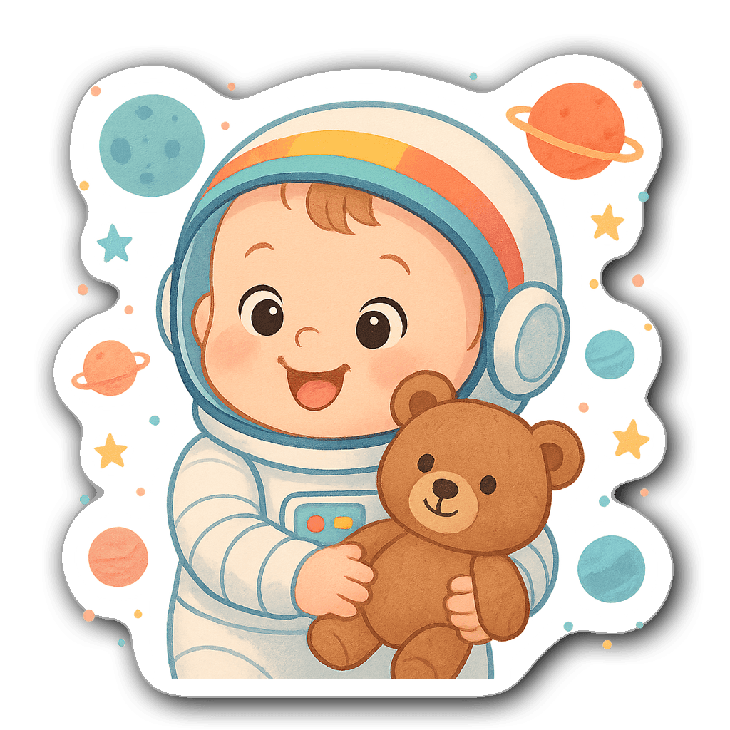 Adorable baby astronaut sticker with teddy bear and planets