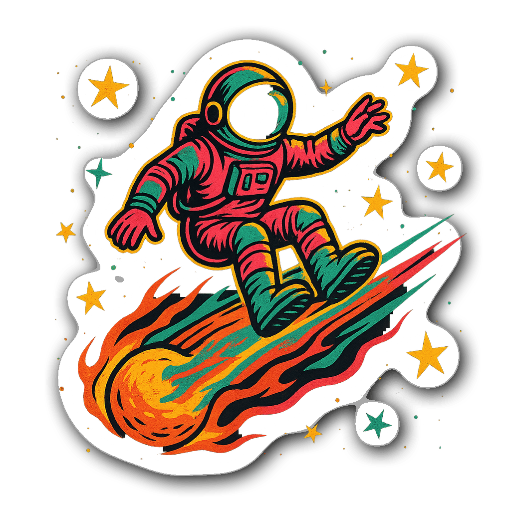 Retro-style astronaut riding a comet with colorful flames