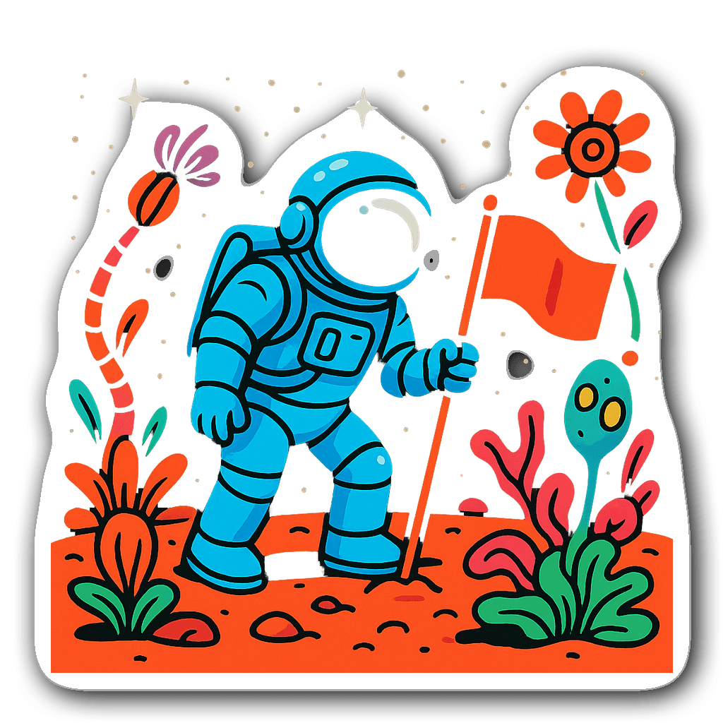 Retro astronaut sticker with alien plants and stardust
