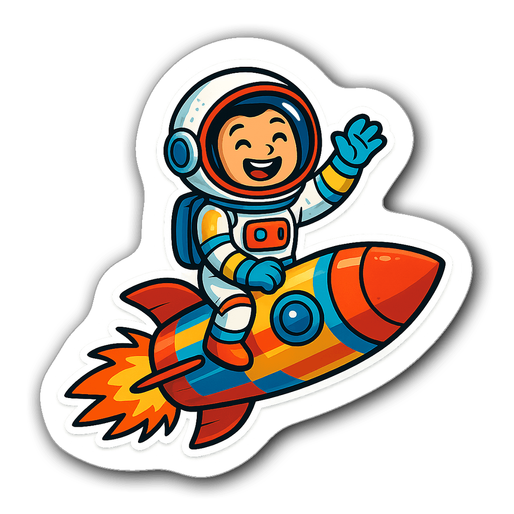 Die-cut sticker of an astronaut riding a colorful rocket