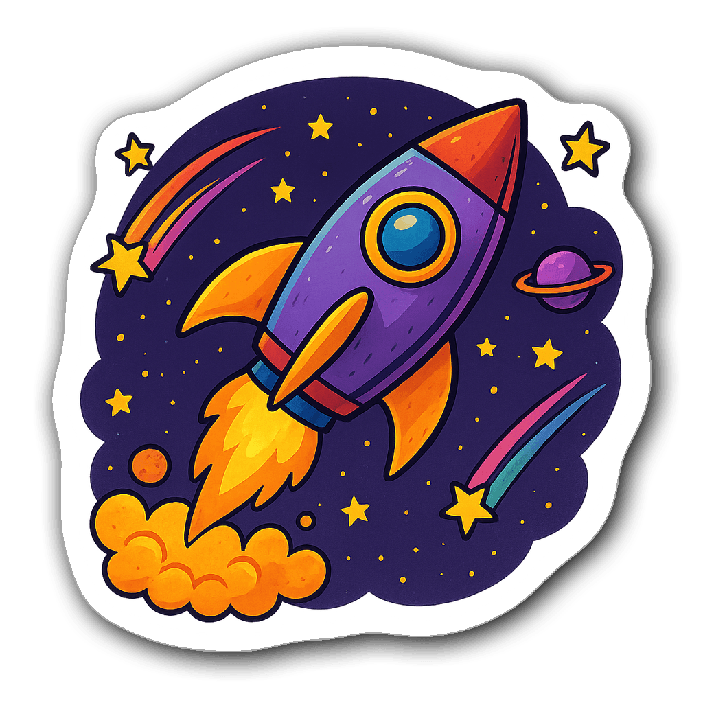 Whimsical rocket sticker in a starry night sky