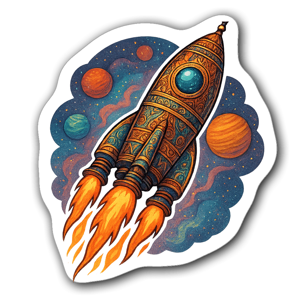 Detailed die-cut rocket sticker soaring with flames and planets