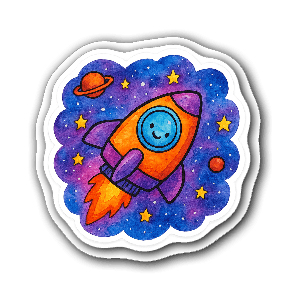 Vibrant watercolor illustration of a whimsical spaceship in space