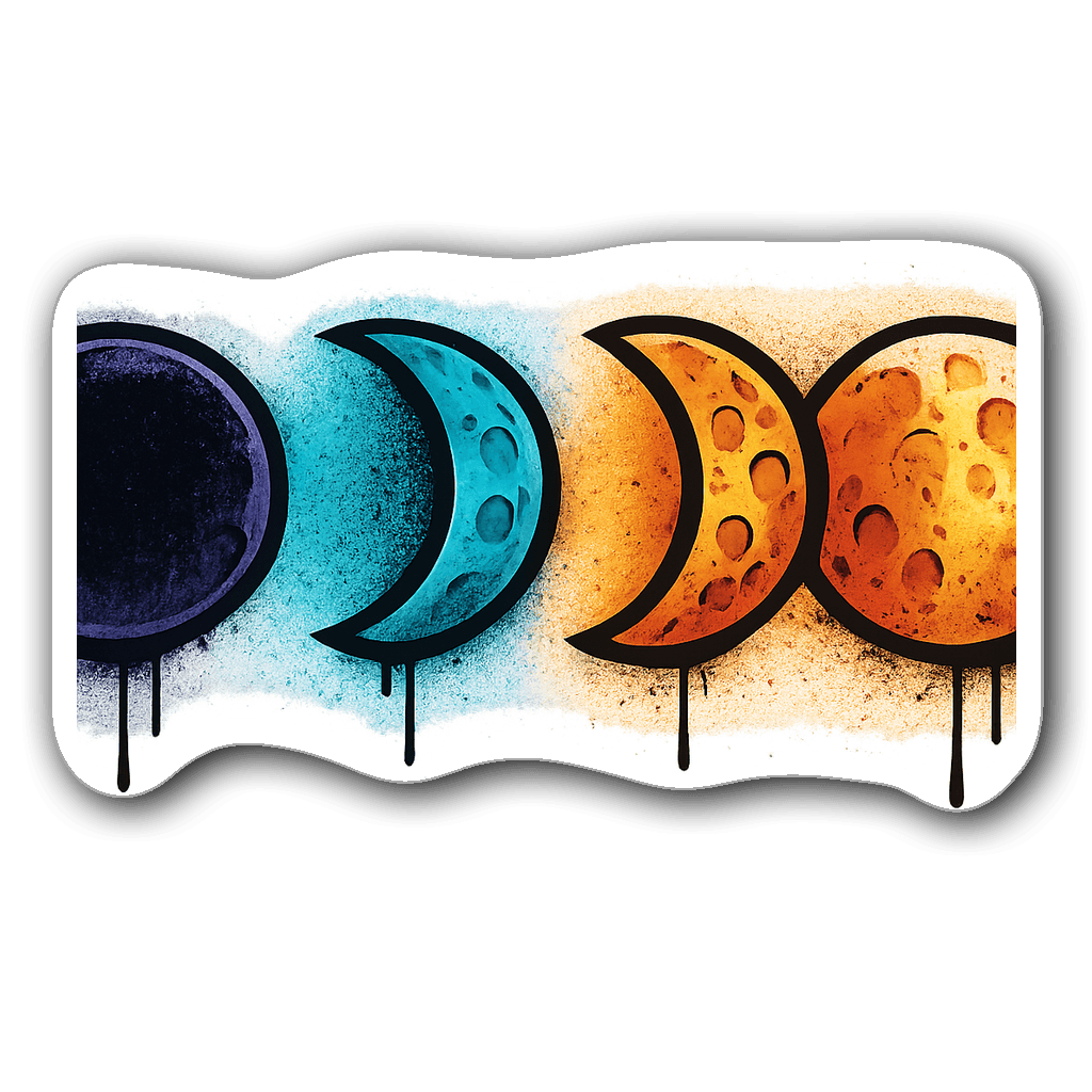 Four graffiti-style moon phase stickers with color gradients