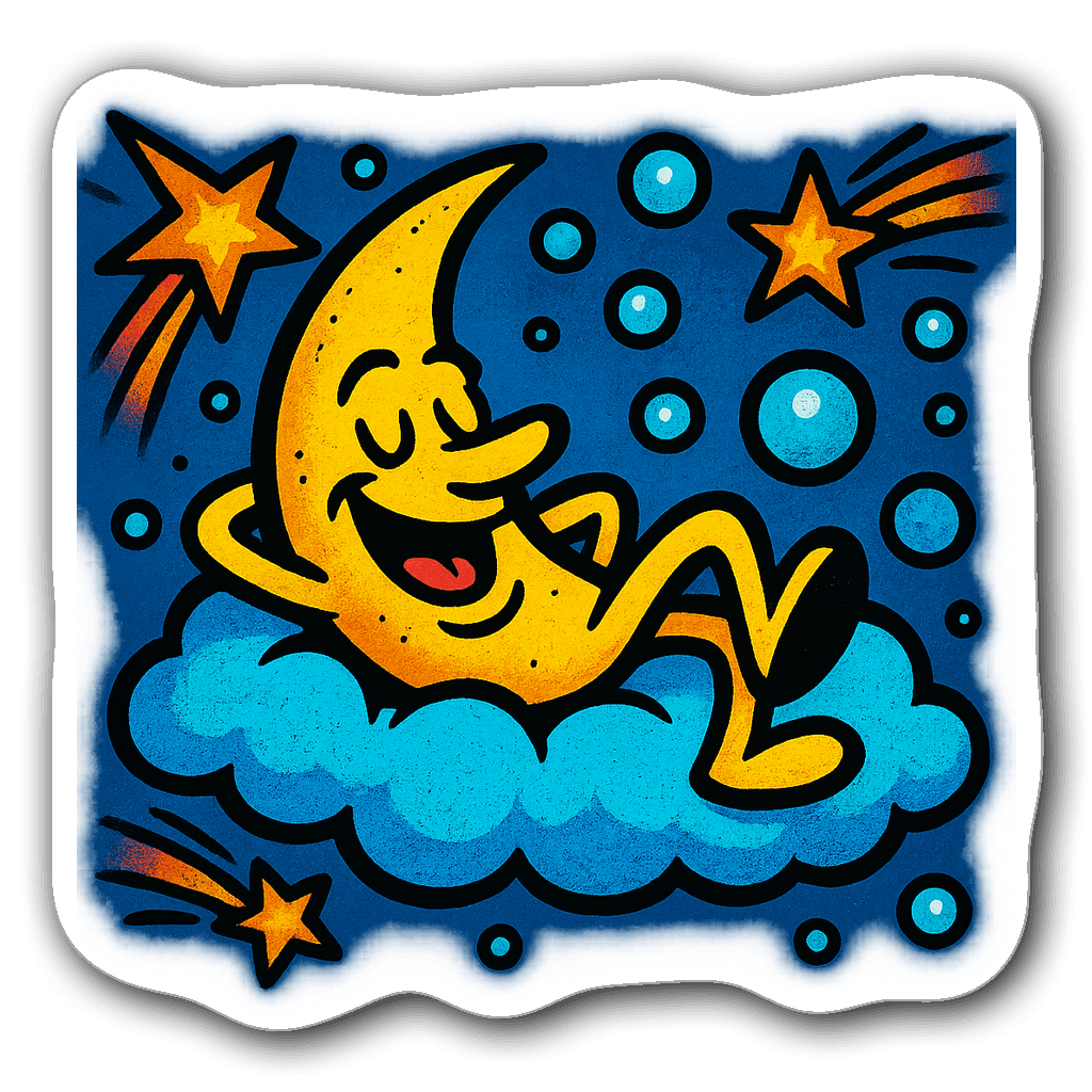 Graffiti-style sticker of a half moon on a blue cloud with stars