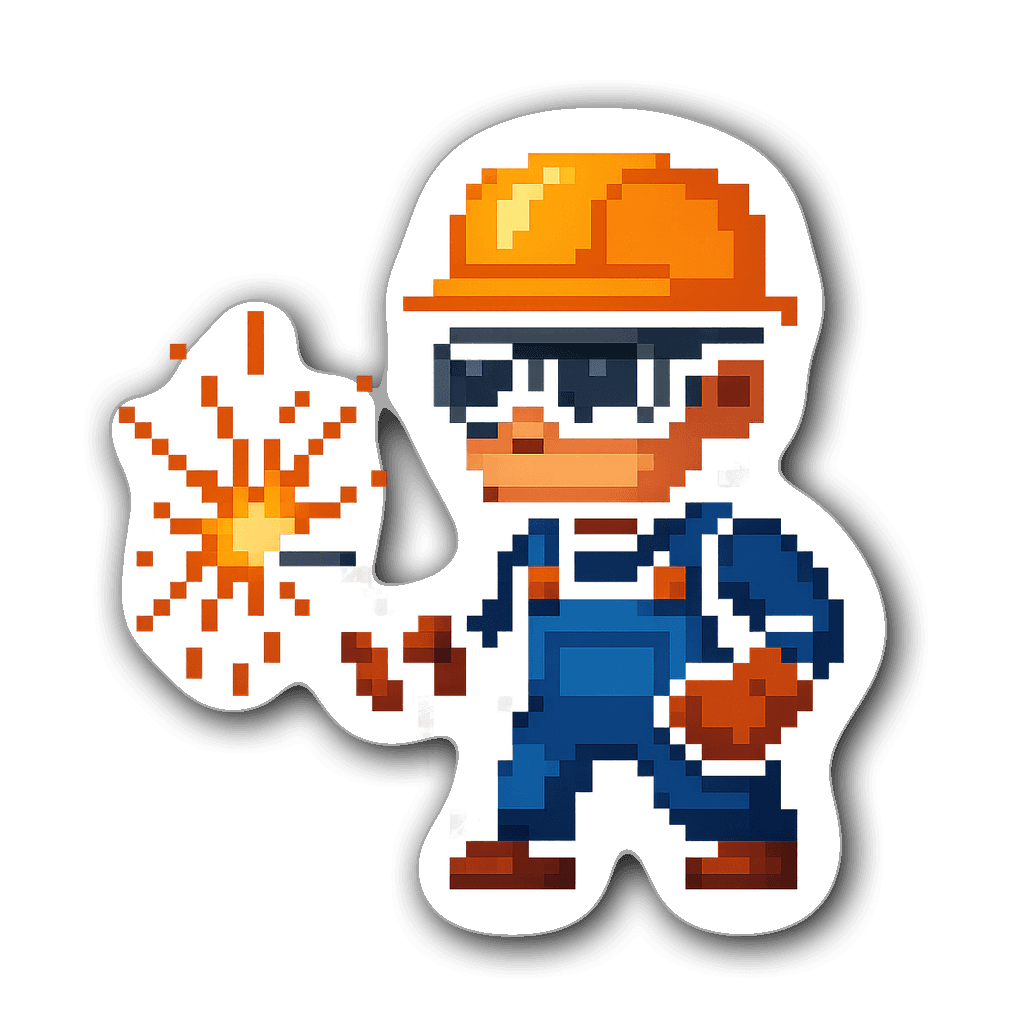 Pixel art welder character with helmet and welding torch