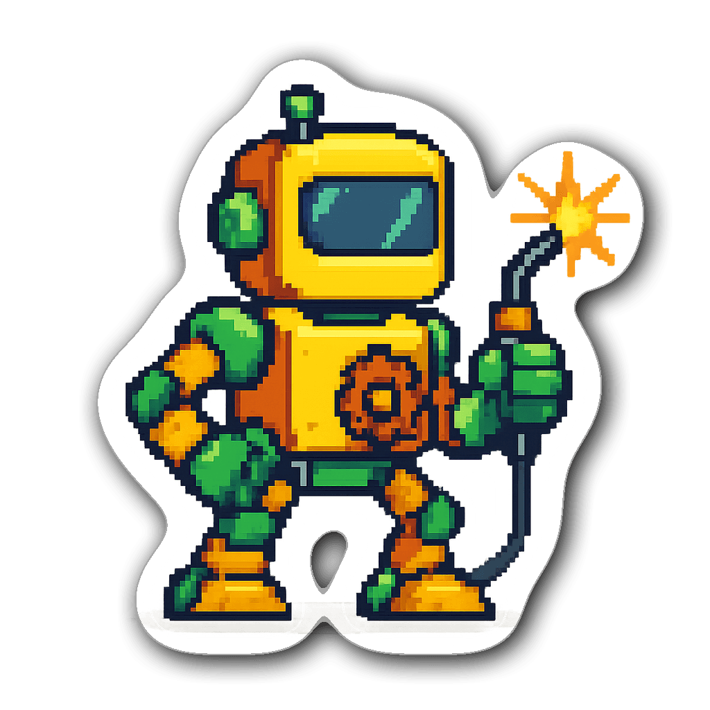 A cartoonish pixel art welding robot sticker with a thumbs-up