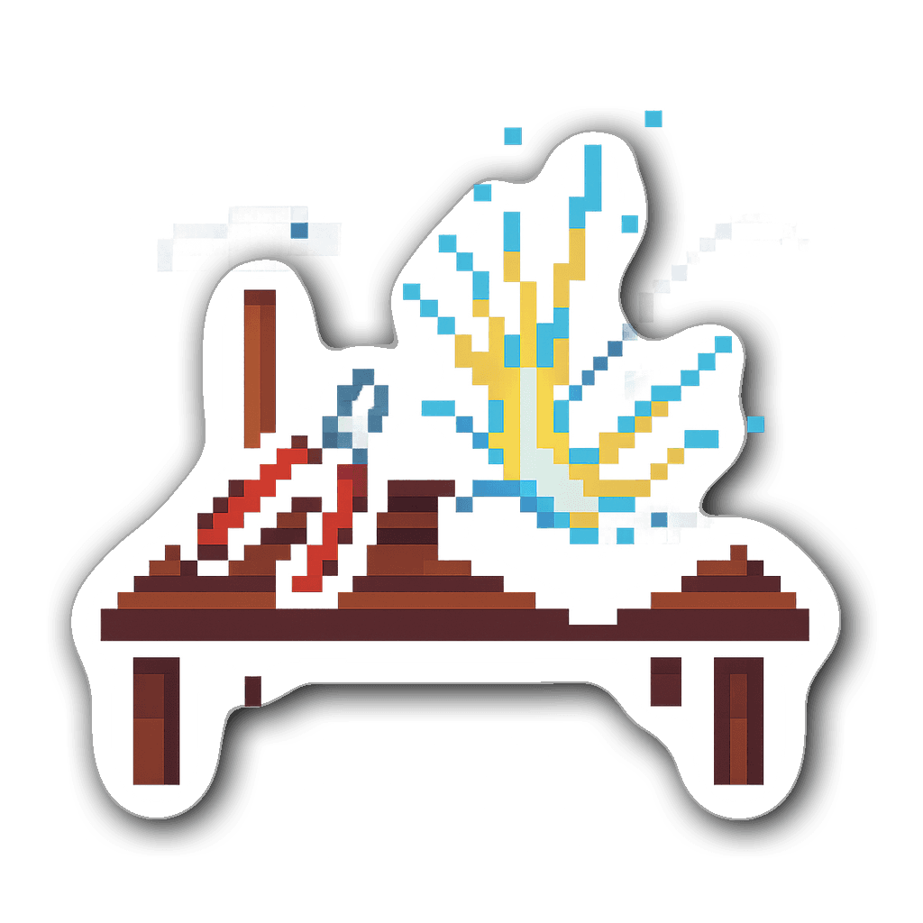 8-bit pixel art sticker of a welding table with tools