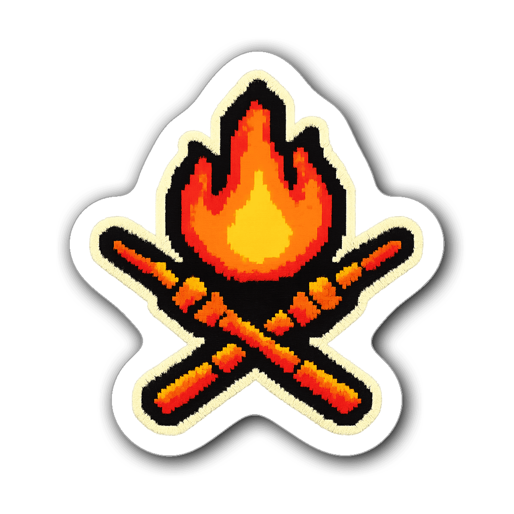 Pixel art welder sticker featuring flames and torches