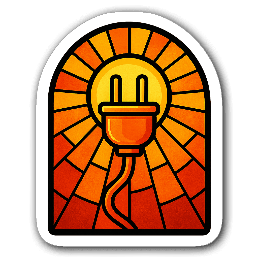 Stained glass window design with electric plug and sun motif