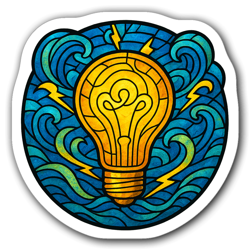 Vibrant stained glass sticker of a cartoon electrician holding a light bulb