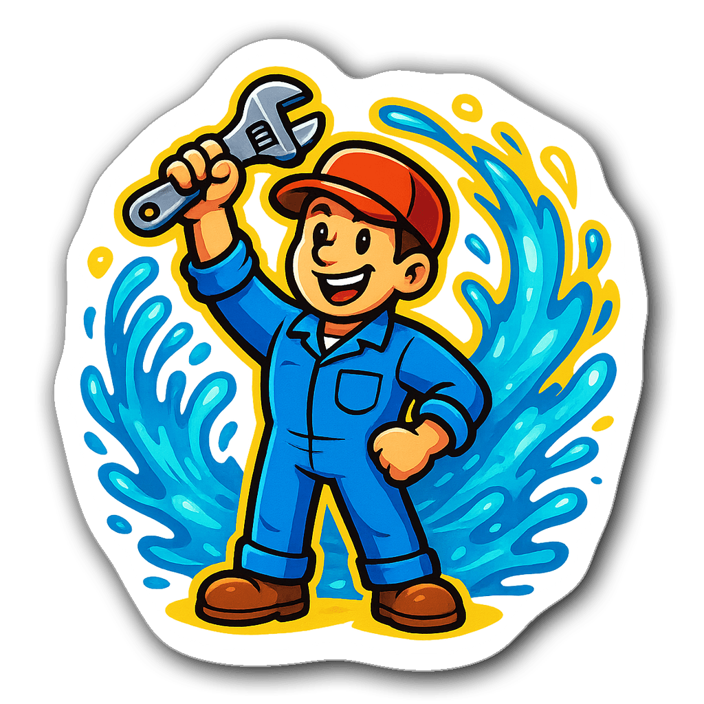 Cartoon plumber character in blue jumpsuit holding wrench