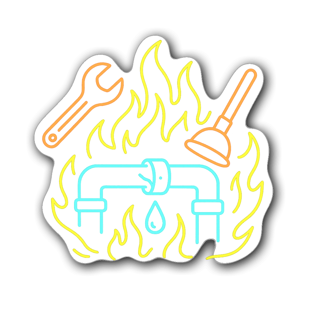 Neon glow plumber sticker with a shiny pipe and tools