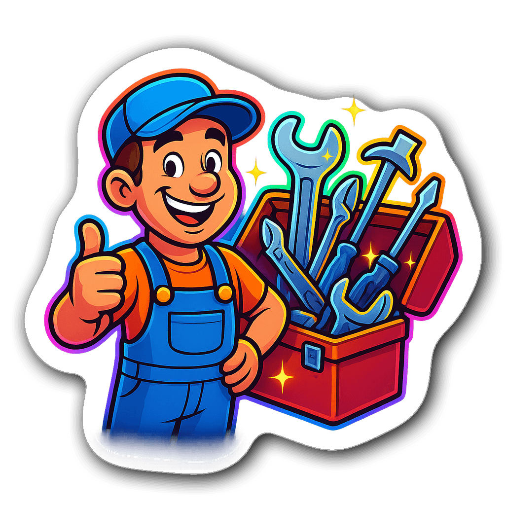 Cheerful cartoon plumber with neon glow and toolbox sticker