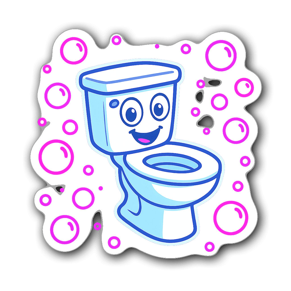 Neon plumber cartoon sticker with toilet and bubbles
